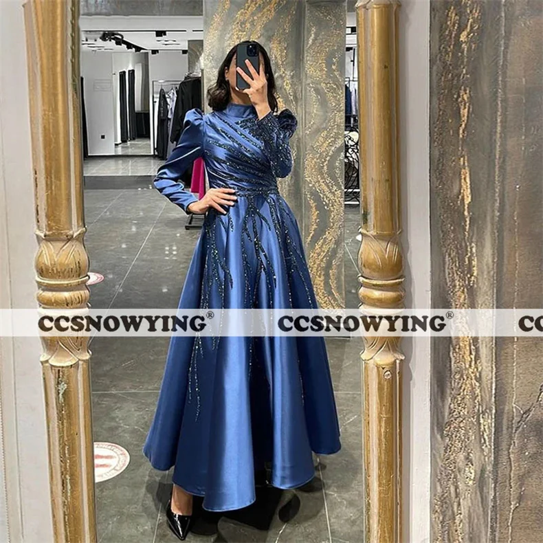 

Satin Appliques Beaded Muslim Hijab Evening Dress Islamic Long Sleeve Formal Party Gowns Arabic Dubai Women Robes De Soirée