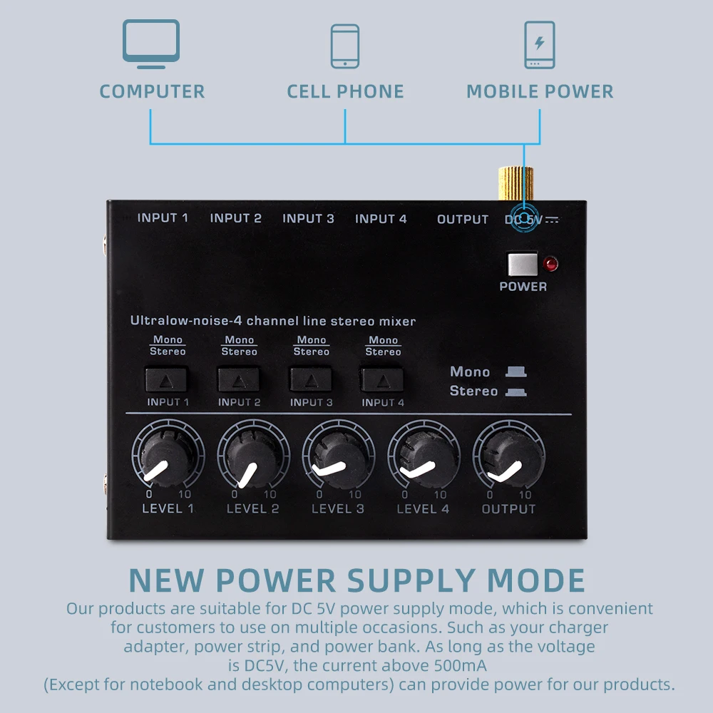 Max400 Mixer Audio Mini Mixer Stereo Ultralow Noise 4 Canali Mixer Mixing Console Dc5V Per Chitarra Elettrica Drum Piano