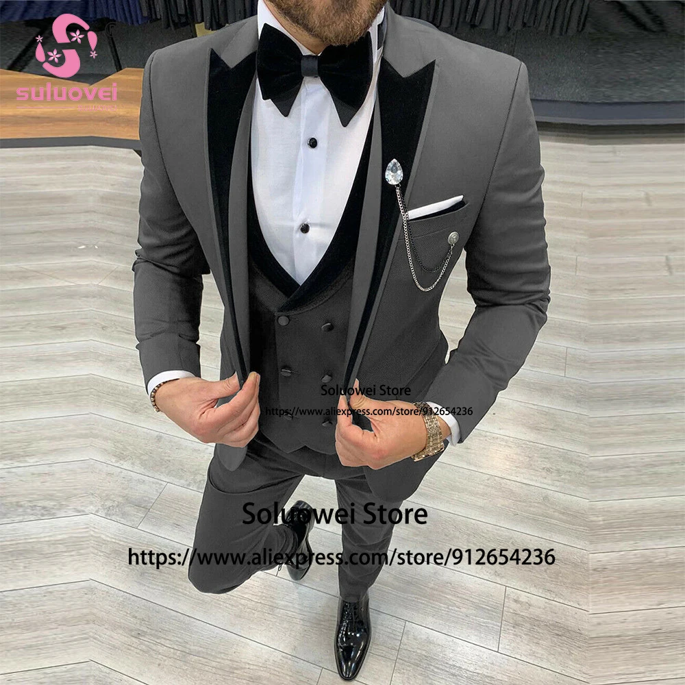 Trajes de de vestir elegantes gris Slim Fit novio para boda, ropa hombre, esmoquin con de pico, chaqueta de 3 piezas, chaleco, pantalones, conjunto Formal de negocios, conjuntos de chaqueta