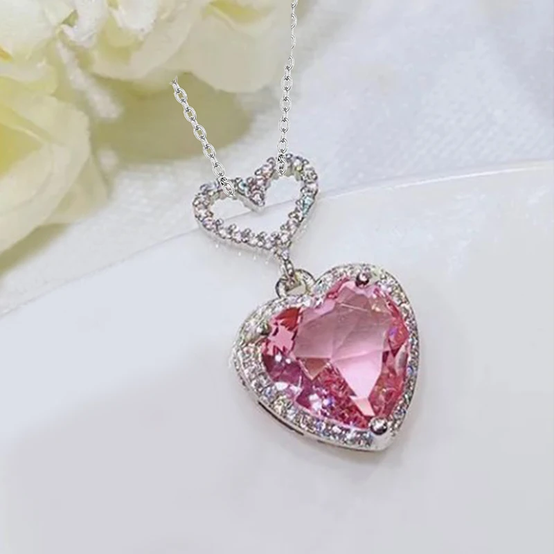 

1pc New Korean Style Crystal Zircon Pink Kawaii Heart Necklace Jewelry For Women Fashion Accessories Gifts