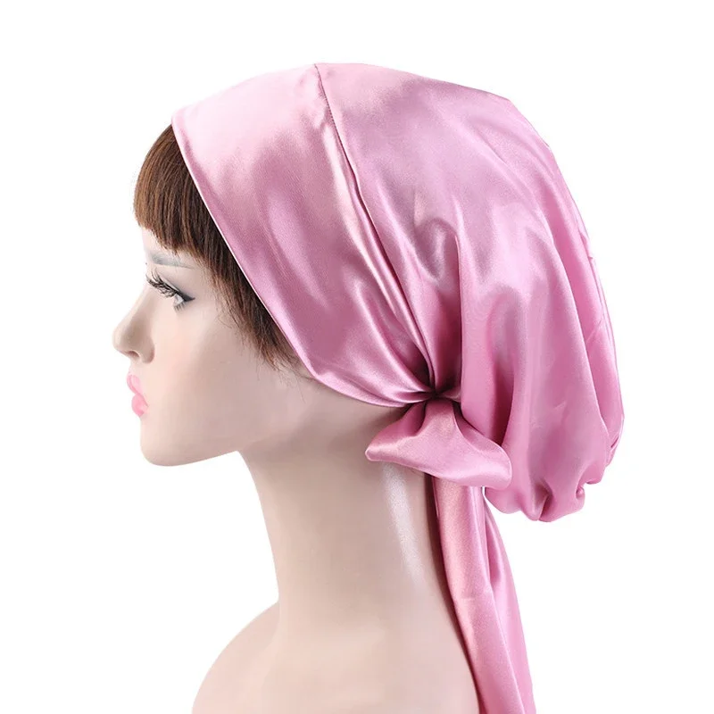 New Women Satin Night Cap Bowknot Sleep Hat Silk Chemo Caps Cancer Hats Long Tail Hair Bonnet Head Scarf Wrap Bandana Headwear 3