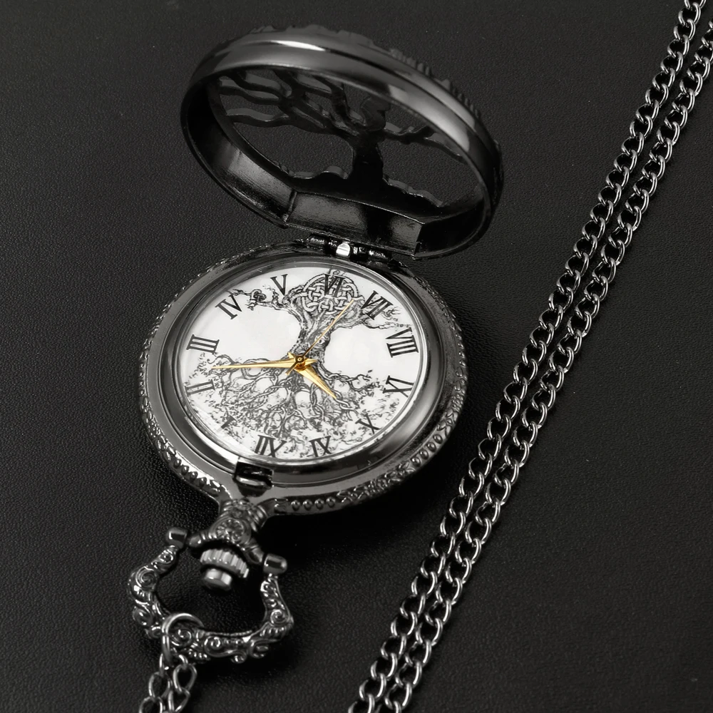 Vintage celý černá kapsa hodinky strom z život střih skica tuž malba vytáčení kapes hodinky antický řetízek křemen fob hodiny