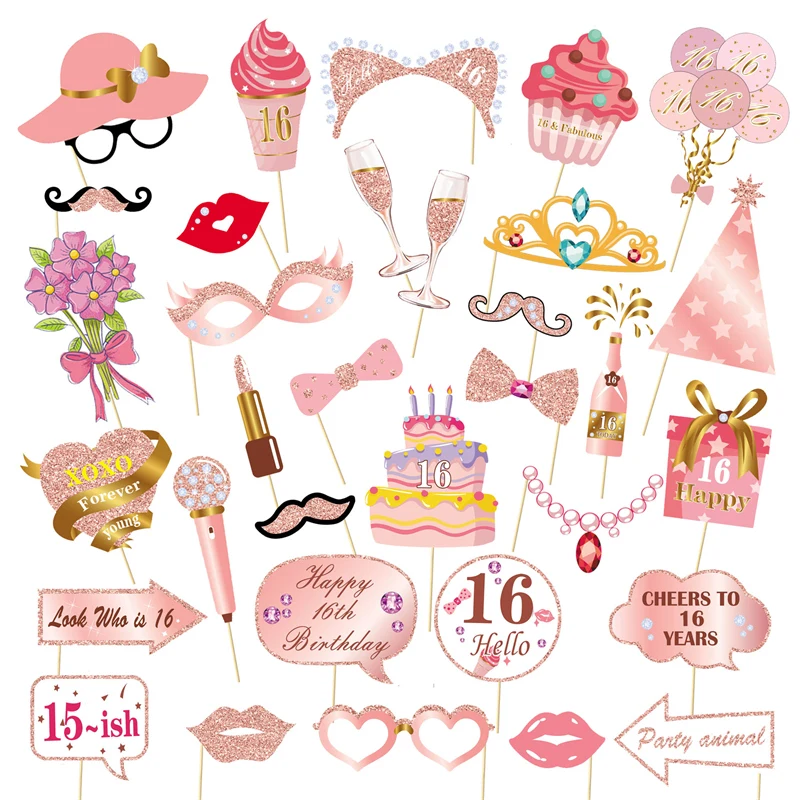 1set pink 13 16 18 30 40 50 60 photo booth props adult birthday party decoration birthday photo props supplies