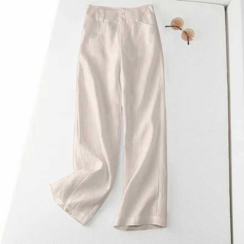 2023 Spring Summer New Solid Color High Waist Wide Leg Trousers Women Elastic Waist Zipper Button All-match Cotton Hemp Pants