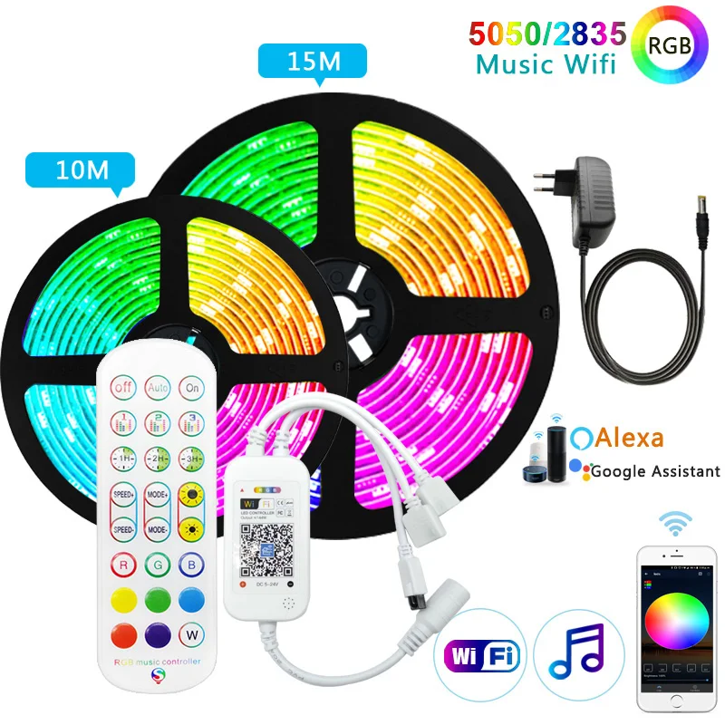 

20M 30M RGB LED Strip Lights 5050 2835 5M 10M 15M Leds Tape Ribbon DC 12V LED Strip Lamp IR WiFi Bluetooth Controller Adapter EU