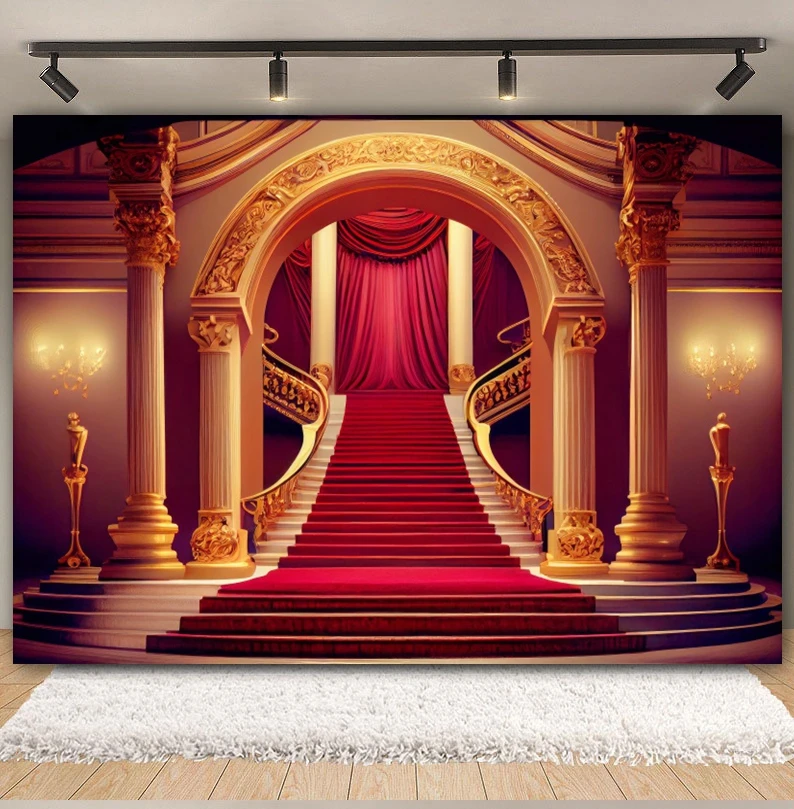 Fondale Fotografico YongFoto 2x2 M – Interno Chiesa Vecchia Con Scala, Tappeto Rosso E Lampadari – Sfondo In Vinile Per Feste E Matrimoni