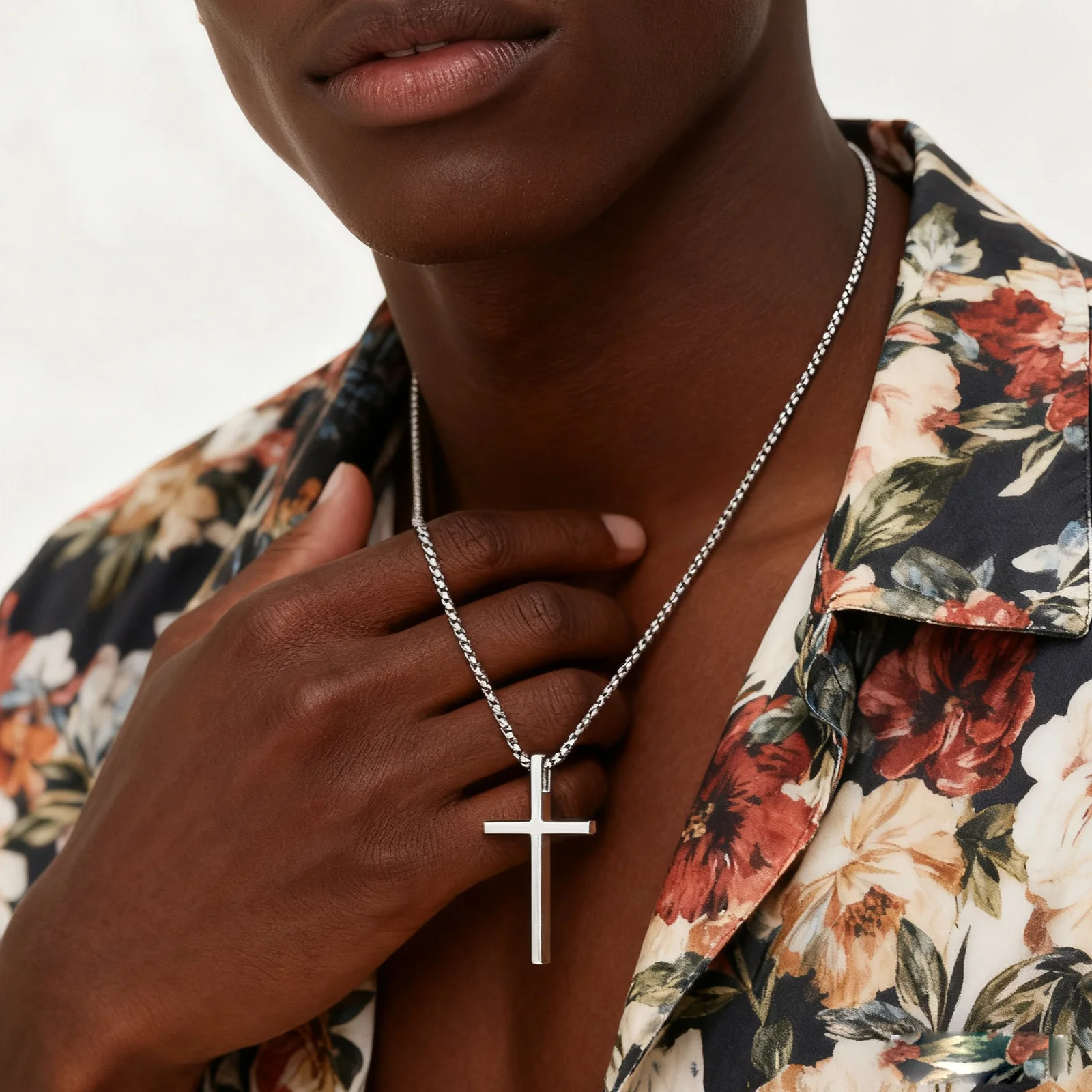 Basic Punk Cross Necklace for Men,Silver Color Metal Cross Pendant Necklace with Gift Card,Male Sweater Chain