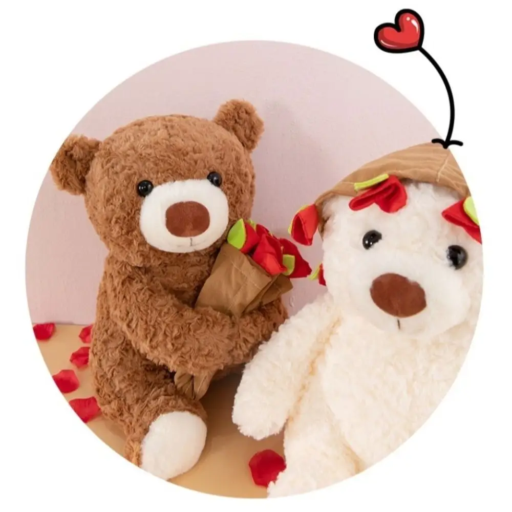 Stuffed Doll Romantic Rose Bear Plush Toy Cartoon Floral Blanket Holding Flowers Bear Doll Detachable Bear Wear Rose Hat Gift