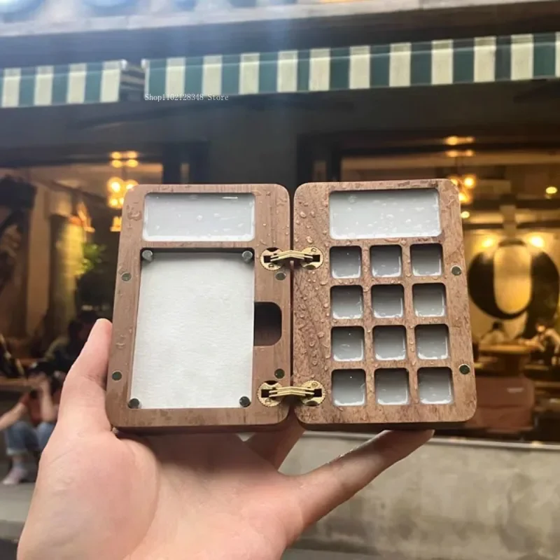 12 Color Fans You Solid Wood Watercolor Box Copper Inlaid Watercolor Box Drawing Paper Hand-Drawed Travel Sketchbook Art Draw portable watercolor set