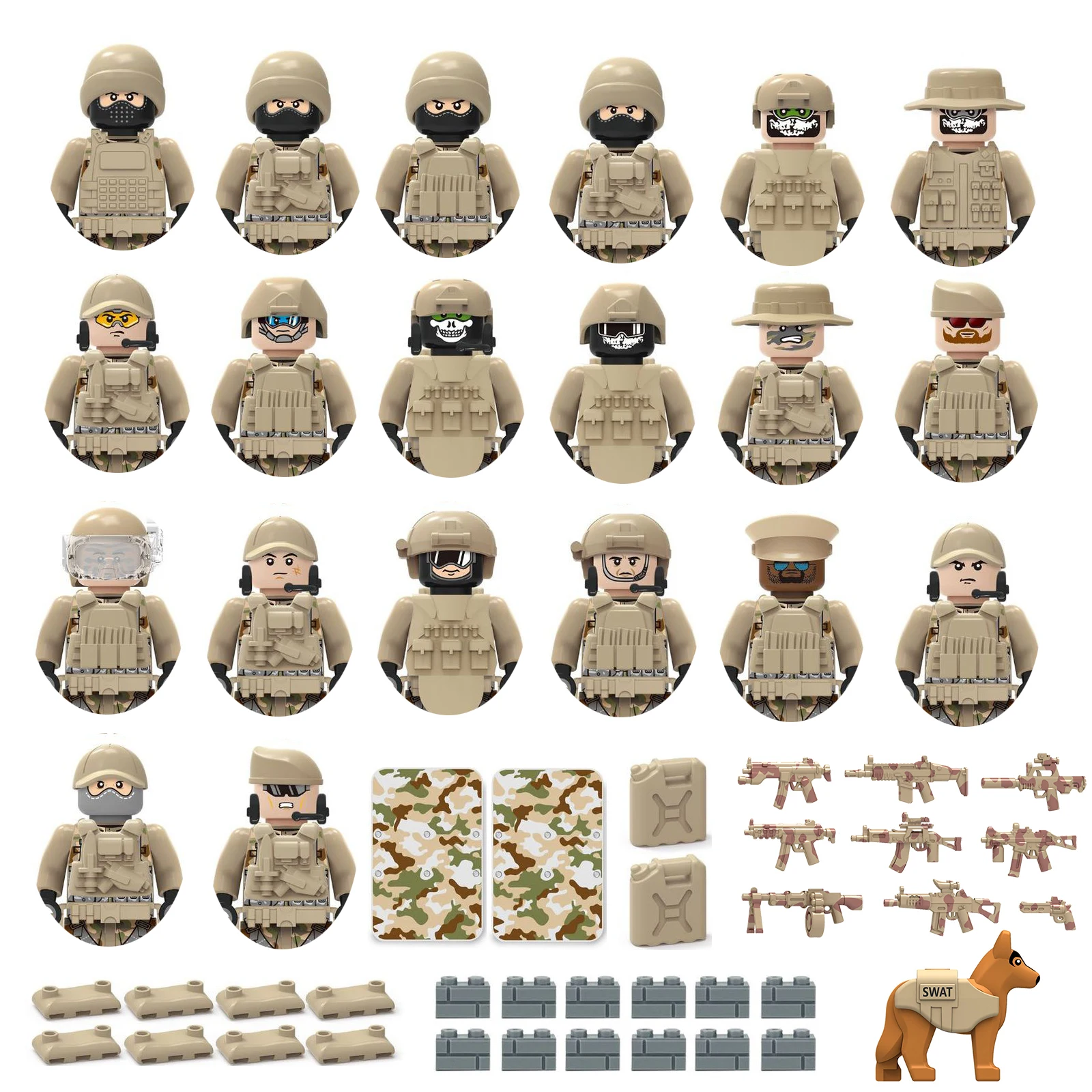 

SWAT Camouflage Special Force Soldier Gangster Military Jeeps Armored Vehicle Boat Guns Model Weapons Building Block Toys