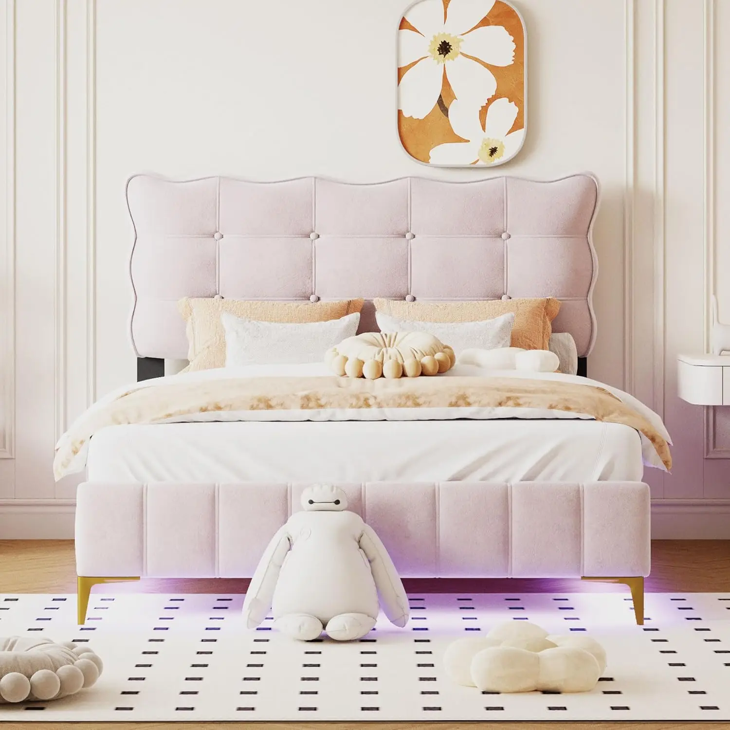 Full Size Velvet Platform Bed with Button Tufting Headboard, Wood Bed Frame with LED and Stylish Metal Bed Legs for Kids Boys 3