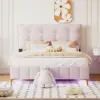 Full Size Velvet Platform Bed with Button Tufting Headboard, Wood Bed Frame with LED and Stylish Metal Bed Legs for Kids Boys 3