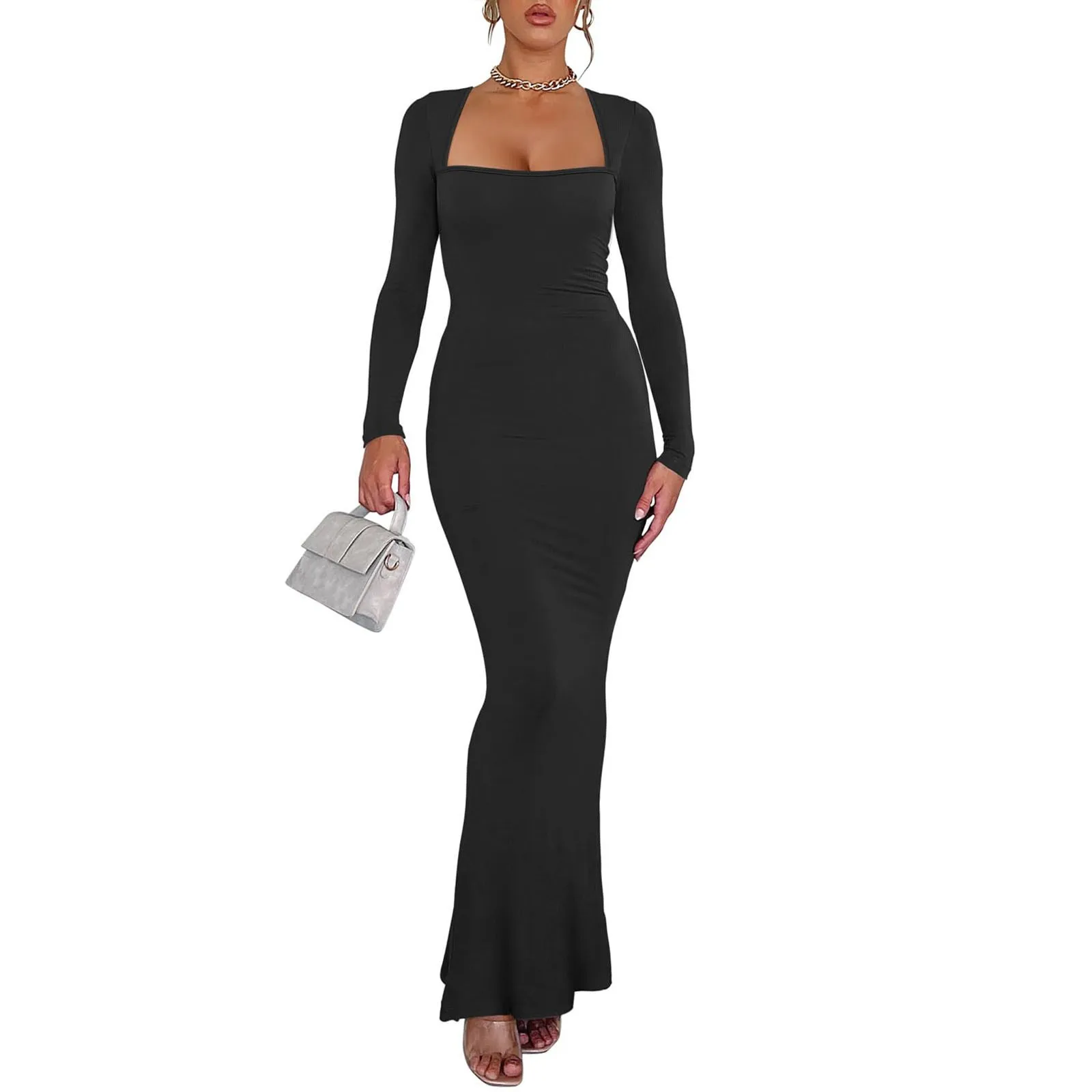 

Women'S Sexy Square Neck Long Sleeve Bodycon Maxi Dress Casual Soft Dresses Vestidos De Fiestas Elegantes De Noche Party Dresses