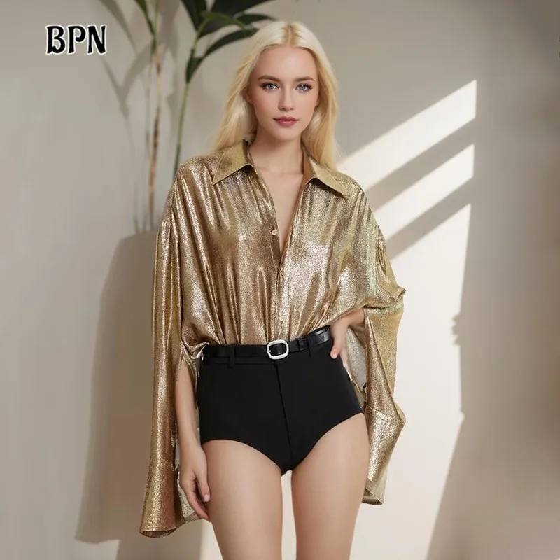 BPN Fashion Party Playsuit For Women Lapel Long Sleeve High Waist Hit Color Streetwear Slimming Playsuits Female Fashion Clothes