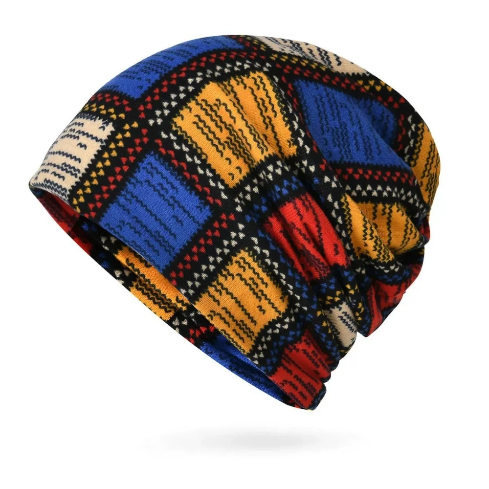 Herbst & Winter Vintage Bedruckte Mütze - Klassische Farbblock Elastische Slouchy Skull Cap Boho Halswärmer Winddicht für Damen und Herren – Detail 2