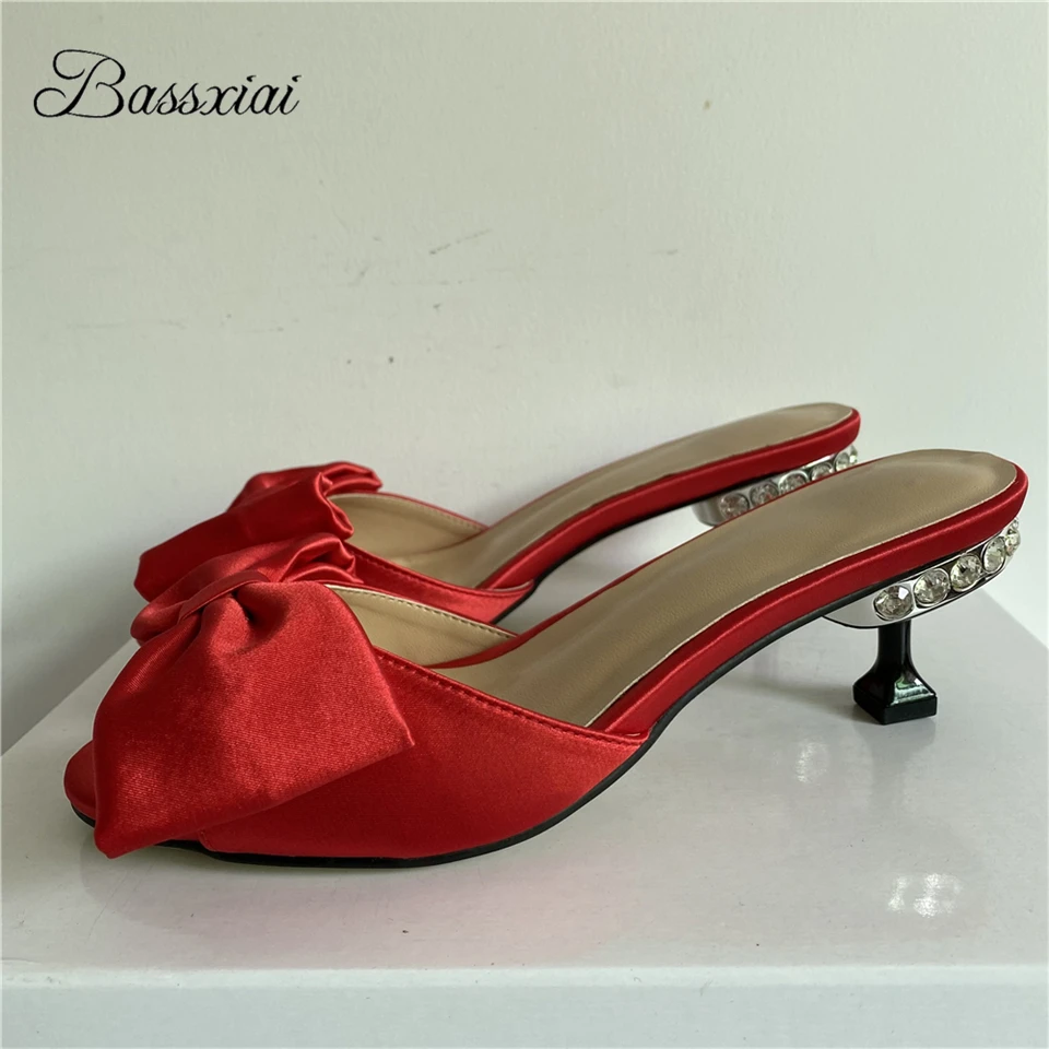 

Luxury Satin Butterfly-Knot Sandals For Girls Women Jeweled Goblet Heel Sexy Open Toe Slingbacks Lazyman Mules Lady Summer