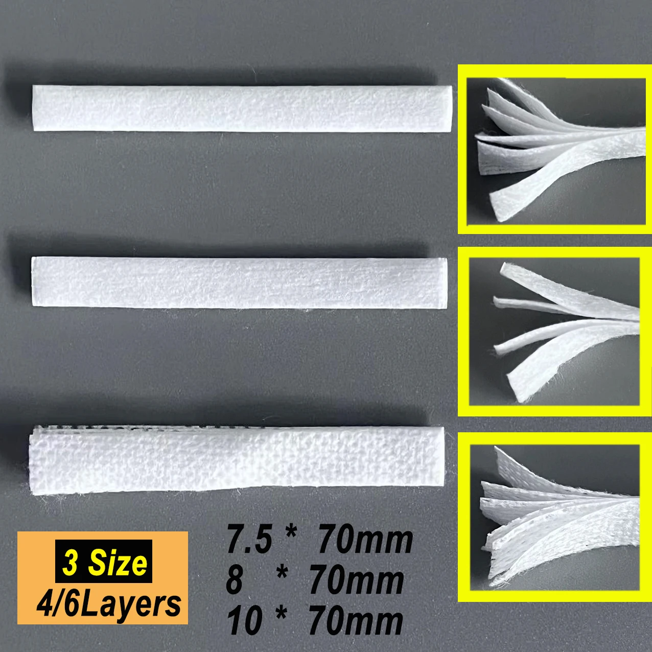 50/100 플랫 코튼 바 리빌드 재료, 오가닉 코튼 뷰티 울 프라임 섬유, 스트립 너비 당 4 층, 6 층, 7mm, 8mm, 10mm, 길이 70mm