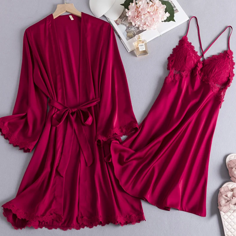 

Women 2PCS Nighty&Robe Set Lace Nightgown Spring Summer Kimono Bathrobe Gown Lounge Wear Sexy Loose Satin Sleepwear Home Dress