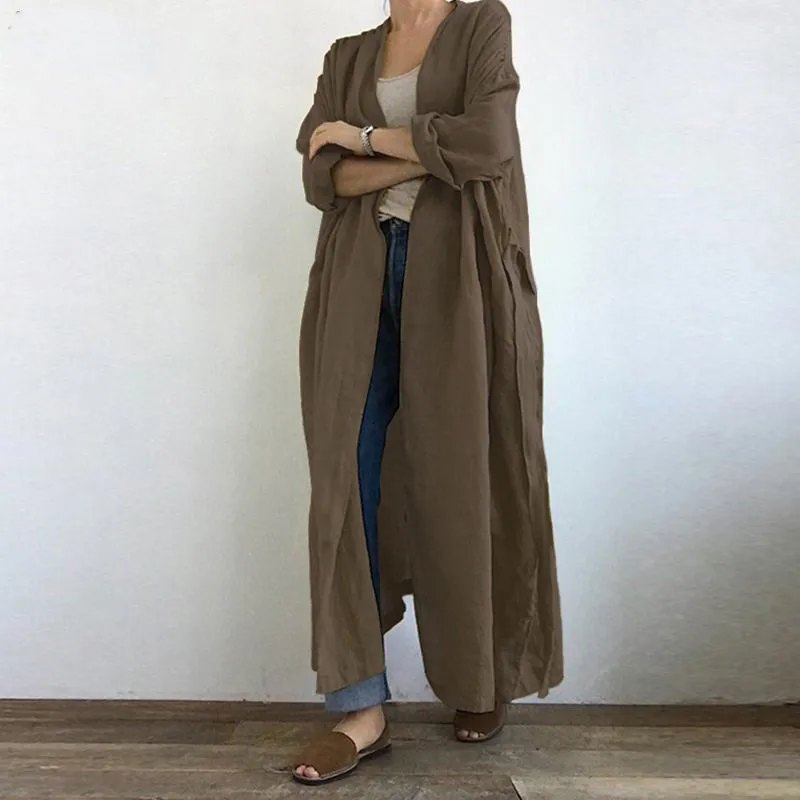 Fashion Women Long Sleeve Open Front Cotton Linen Coat Blouse Vintage Long Cardigan Autumn Solid Shirt Loose Tunic Top Lace Up
