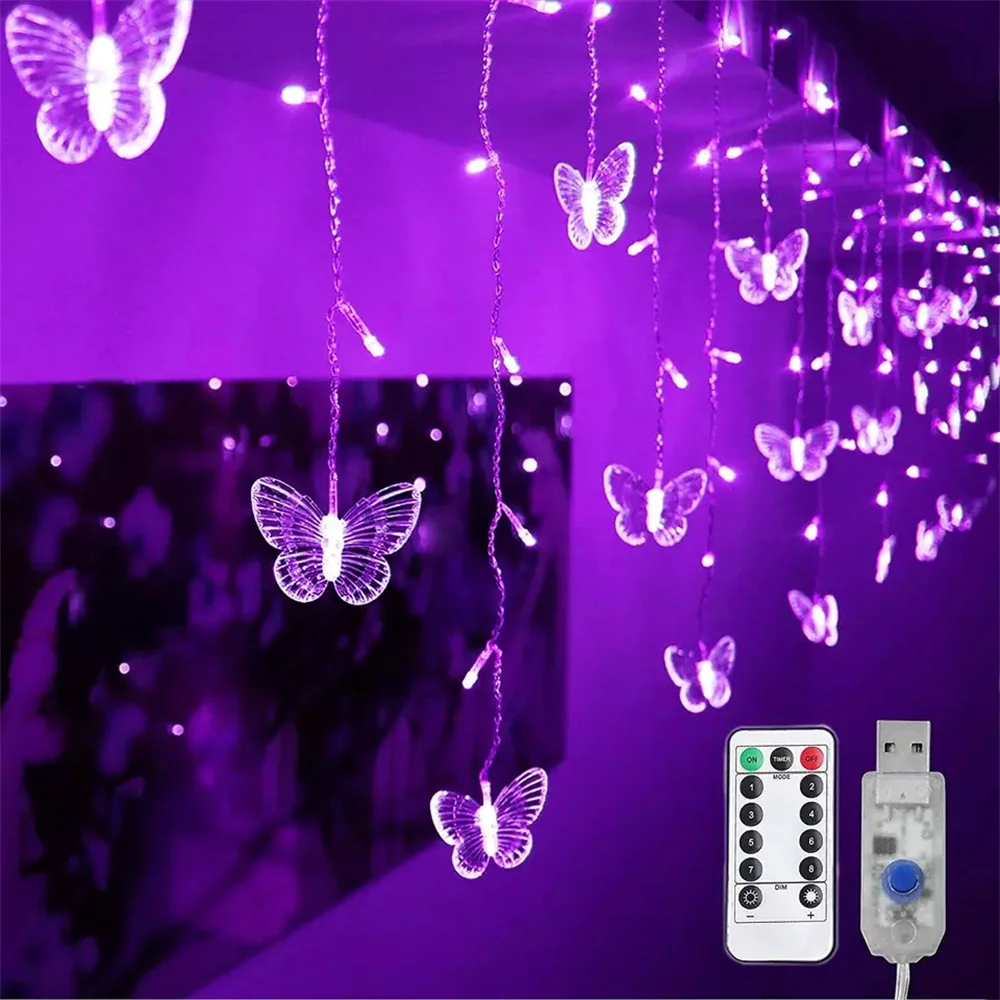 

USB/Battery Powered 3.5M 96 Leds Butterfly Icicle String Light & Remote Controller 8 Modes for Window,Bedroom,Wedding,Christmas