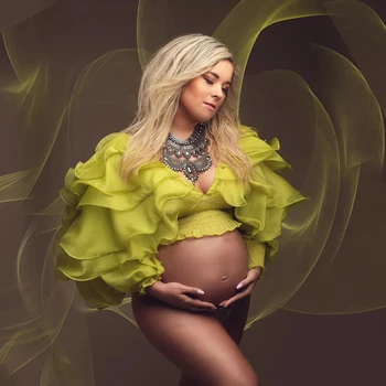 Pregnancy Ruffles Sleeve Shirts For Maternity Photography Prop V Neck Long Sleeve Chiffon Tops For Pregnant Woman Photo Shooting