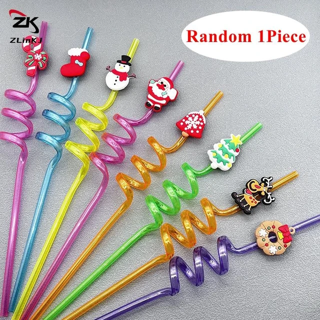 1Pcs 27cm Reusable Cartoon Santa Claus Xmas Tree Elk Straws