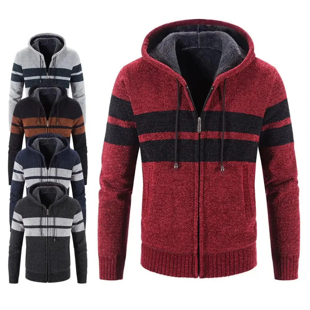 Description Picture 3 of itemFashion New Winter Cardigan Men Striped Hooded Sweater Jackets Casual s Thick Warm Knitting Sweatercoat Clothing