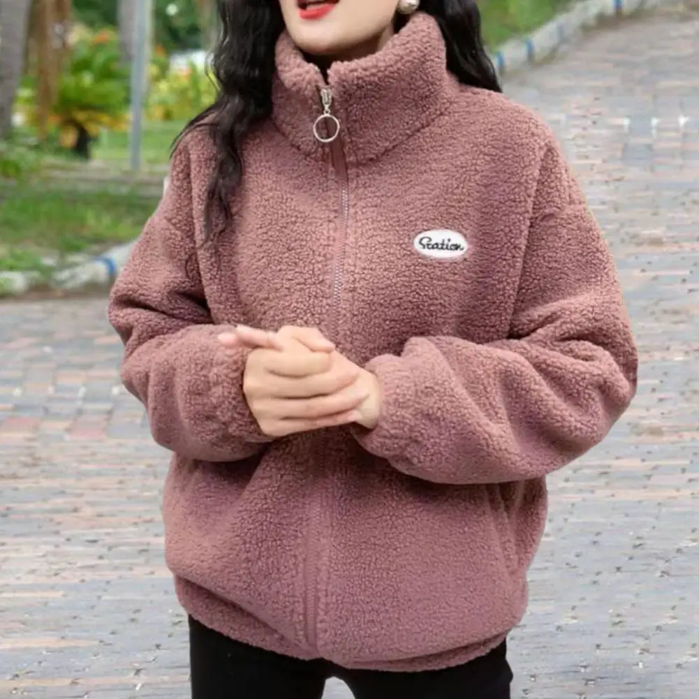 

Zippered Women Jacket Fashionable Women's Winter Sherpa Coat Warm Loose Fit Outwear with Stand Collar Zipper Closure Dual