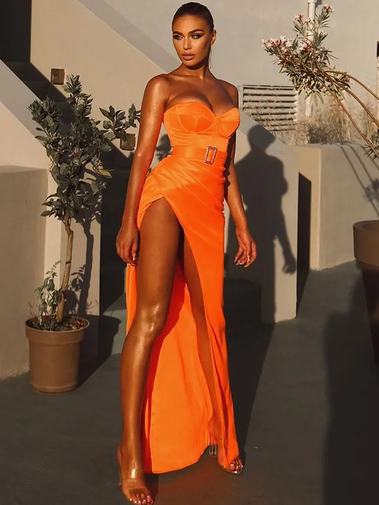 

Elegant Evening With Draped Design Belt Satin Long Dress Women's Orange Sexy Strapless Split Dresses Party Runway Vestidos 2022