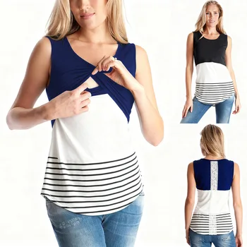 Maternity Clothes Casual Tops Nursing Tees For Breastfeeding T Shirt Striped Summer Cotton Women Maternity Sleeveless Blouse