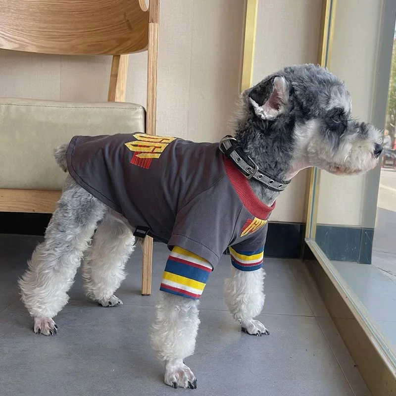 

Dogs Clothing Cat Stripe Sleeve Ribbed Collar T Shirt Dog Clothes Brown Fashion Small Spring Autumn Schnauzer Boy Pet Products