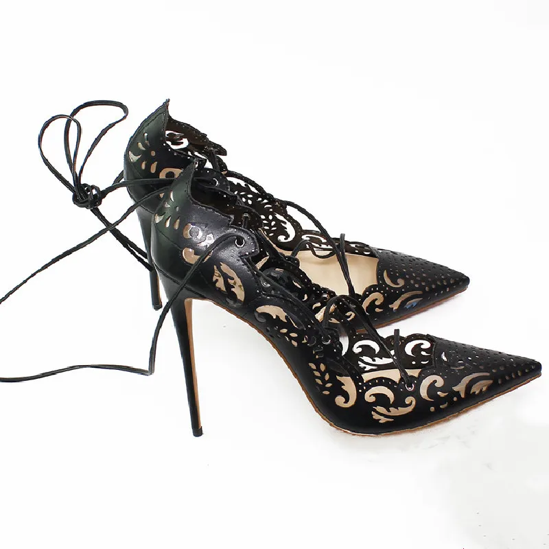 

2022 Summer New Hollow Pattern Pointed Mouth Shallow Tied Super Stiletto High All-match Sexy Party Fashion Mature Women's Shoes