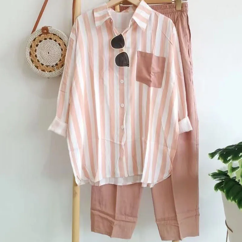 Women Casual Wear Shirt Pants Set Summer Casual Loose Striped Shirt T-Shirt Wide Leg Pants Set Two Piece Set