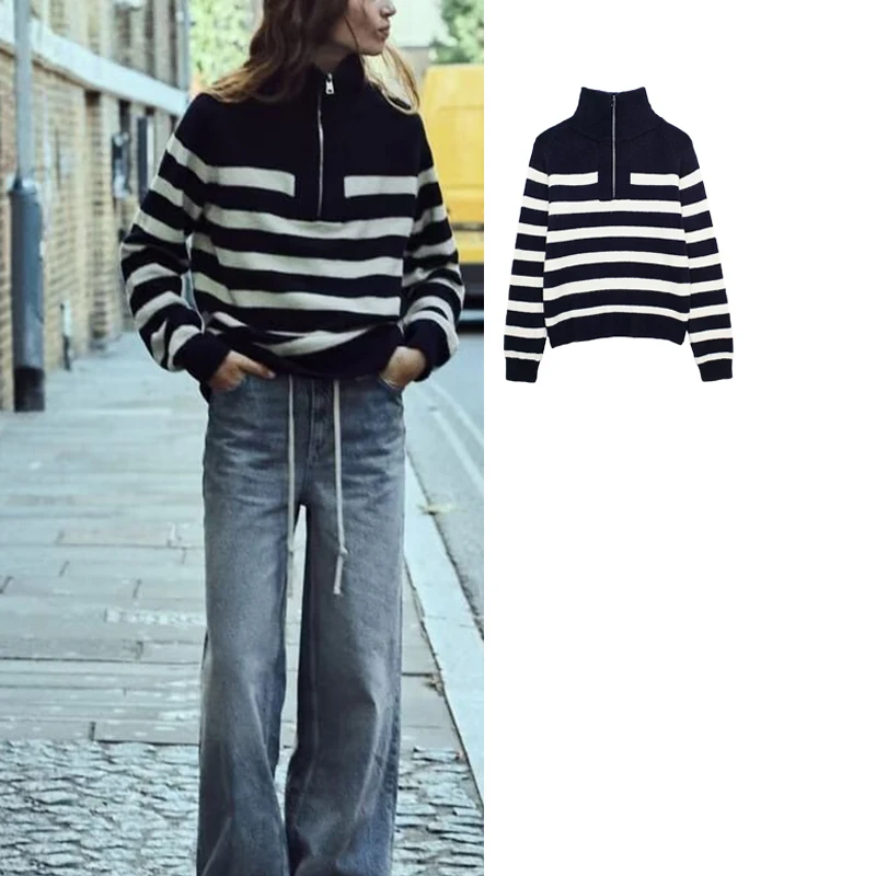 

TRAF Striped Sweater Women Zipper Turtleneck Knitted Sweater Woman Winter Long Sleeve Pullovers Autumn Knitwear Jumpers Top