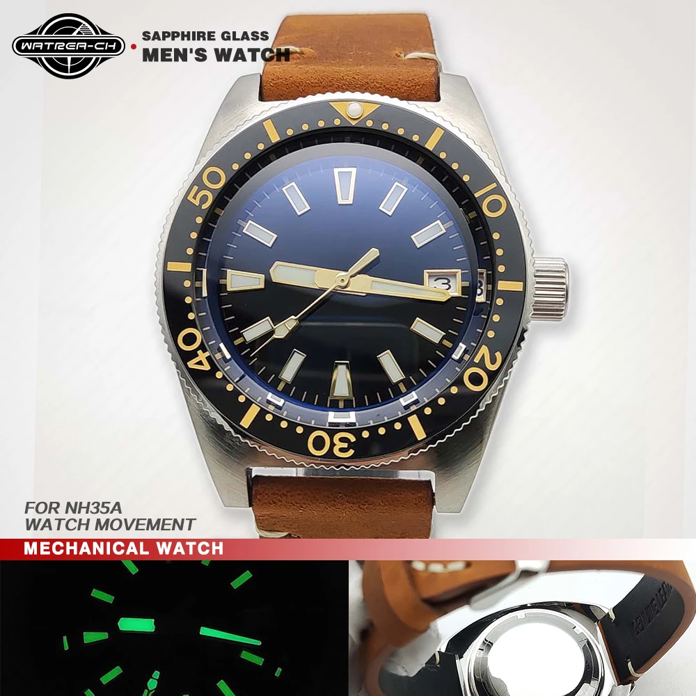 

luxury automatic machine nh35 movement watch for men Leather strap AR sapphire crystal green luminous dial 316L stainless steel