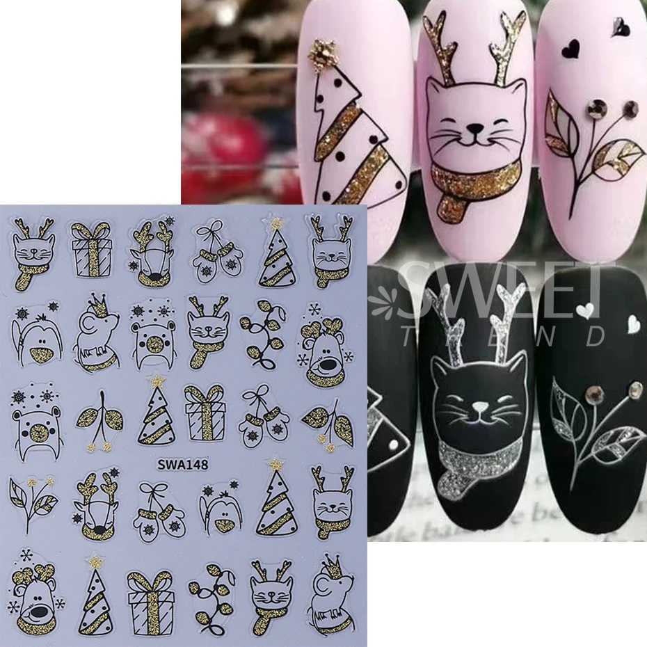 2pcs Glitter Cartoon Christmas Nail Stickers Gold Silver Reindeer Cat Glove Xmas Tree Nail Slider Decals DIY Manicure Decoration