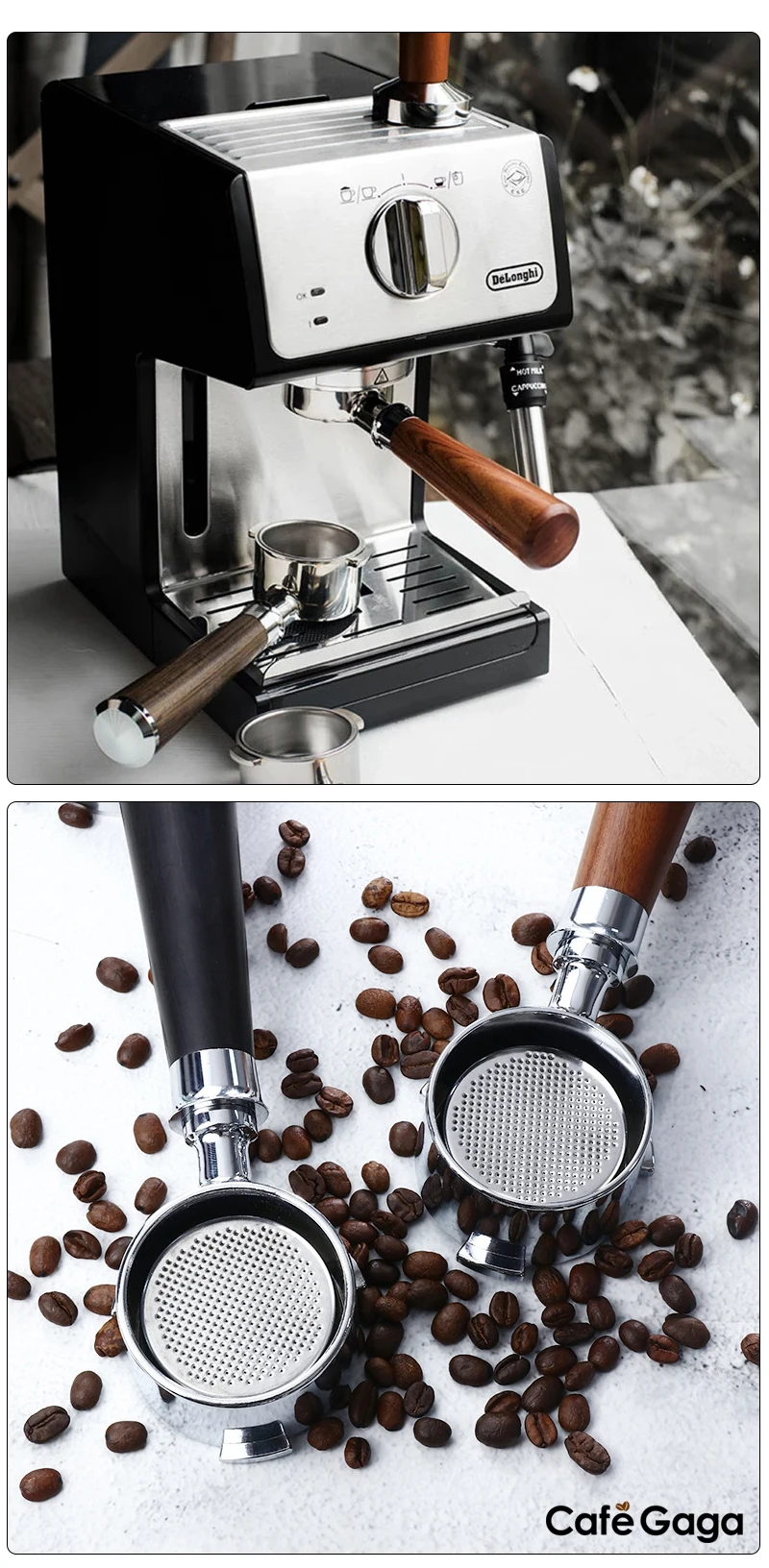 Kaffee bodenloser Sieb träger für Delonghi dedica ec680 ec685 Massivholz griff Ersatz filter korb Kaffee werkzeuge – Detail 6