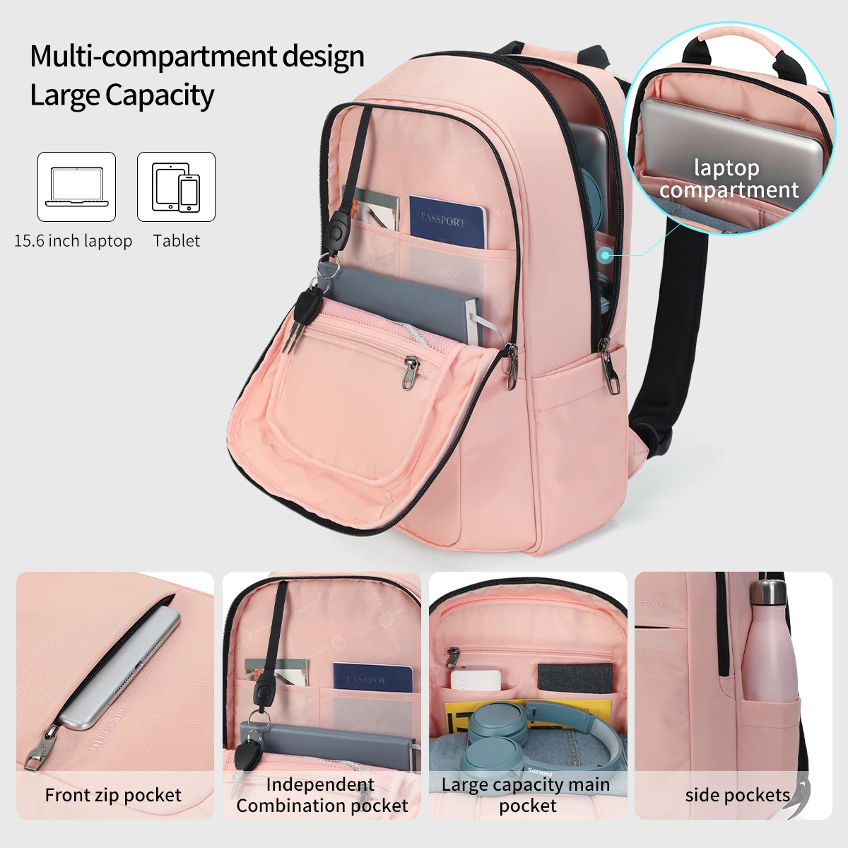 Men Women Backpack Bookbag School Travel Laptop Rucksack Zipper Bag 15.6