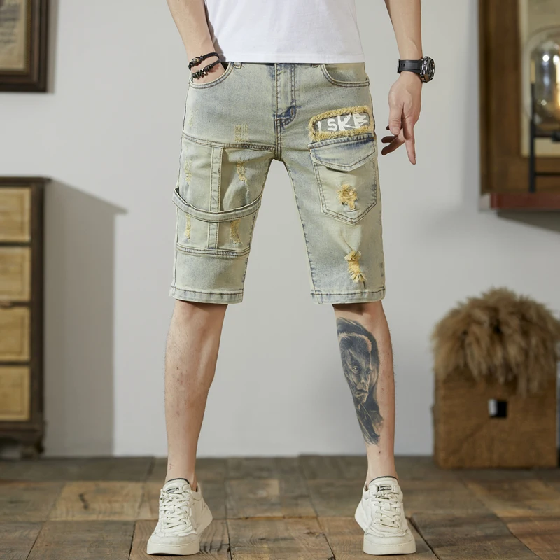 Summer New Men's High-End Denim Shorts Fashion Ripped Fifth Pants Fashion Brand Slim Fit Patchwork Stretch Motorcycle Pants
