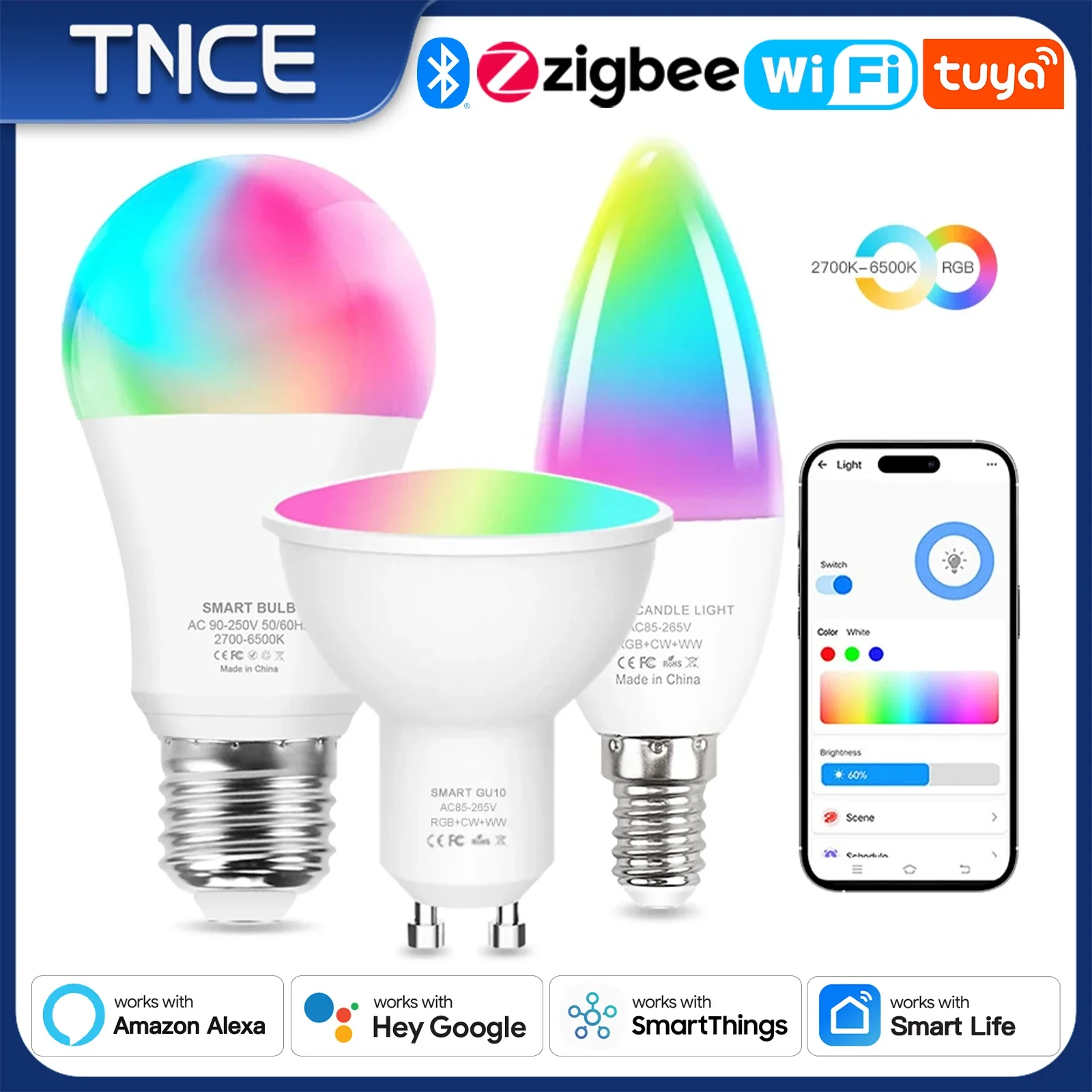 TNCE Smart LED Light Bulb TUYA E27 E14 GU10, WiFi Zigbee dimmable RGB light lamps 2700 6500K smart life app voice control Alexa Google Home