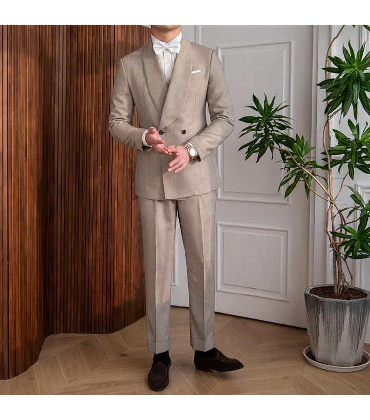 

Костюмы в британском стиле, 2 шт., пиджак и брюки, приталенный двубортный блейзер для жениха на свадьбу, смокинг, высококачественный костюм для мужчин