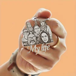 Custom Engraved Family Portrait Keychain - Personalized Photo Keyring & Text Jewelry Gift - Customized Type (Silver)