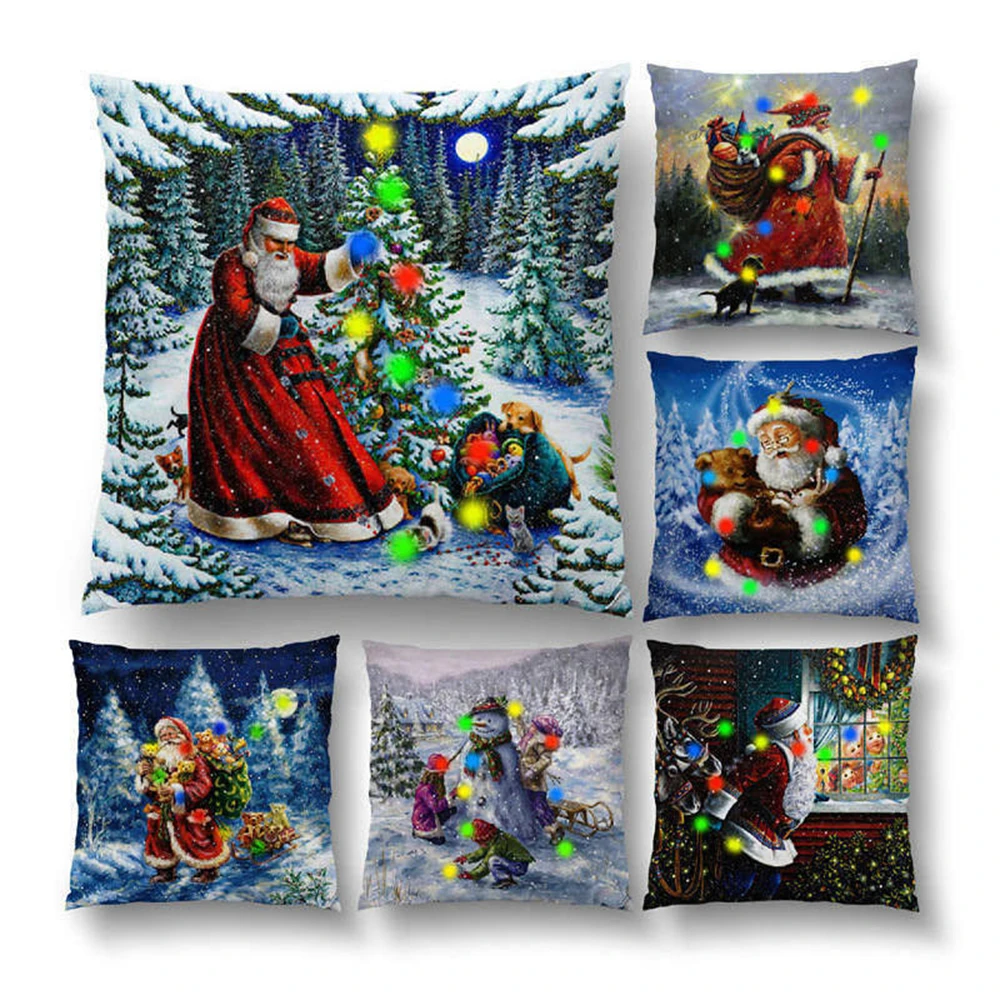 

Led Light Cushion Cover Wreath Print Christmas Decorations Santa Claus for Living Room Christmas Pillow Case Home Decortion 2024