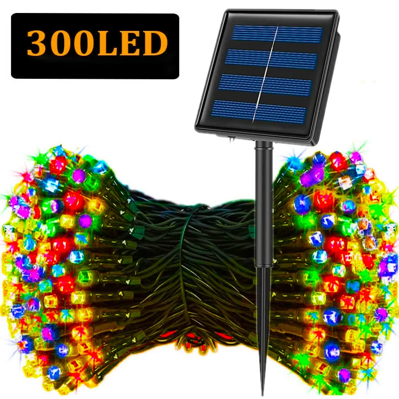 LED سلسلة أضواء الشمسية 300LED 8 طرق تعمل بالطاقة الشمسية أضواء عيد الميلاد في الهواء الطلق مقاوم للماء أضواء عيد الميلاد الجنية المرصعة بالنجوم