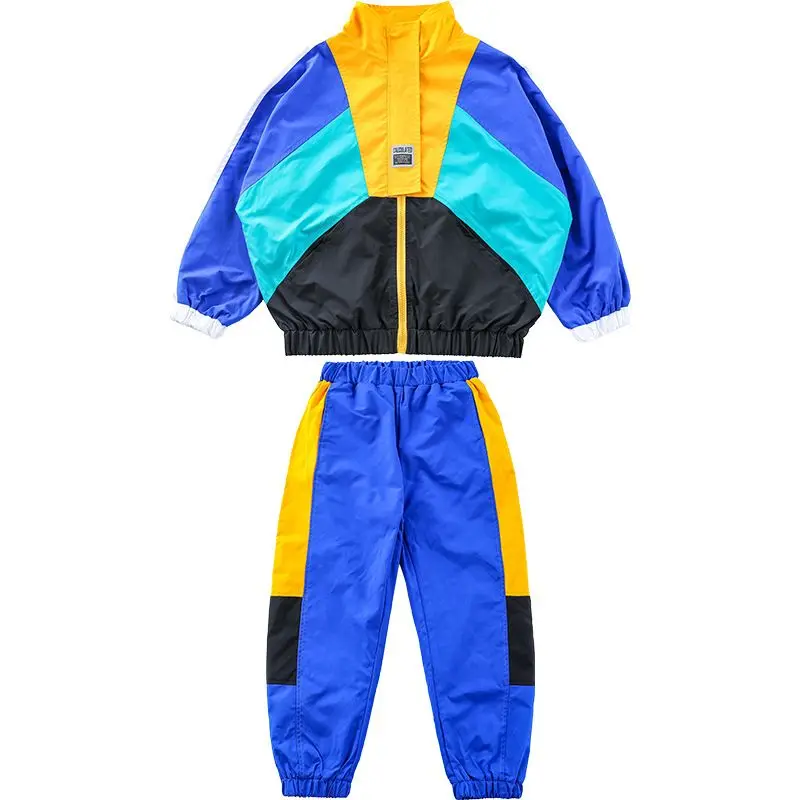 Boys Hip Hop Contrast Coat Girls Jazz Joggers Clothes Set Kids Street Dance Patchwork Jacket Sweatpants Child Costume Streetwear 6