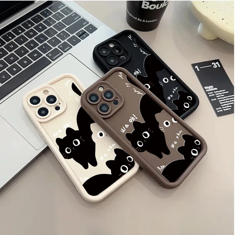 Adorable Black Cat Couple Silicone Soft Phone Case - Y2K Cartoon Design