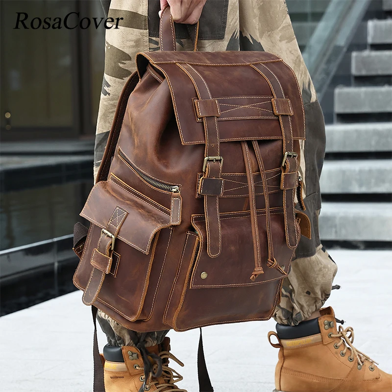 

Rucksacks Genuine Leather Men's Backpack 17" Laptop Bag Vintage Large Capacity School Daypack Travel Rucksack Male Mochilas