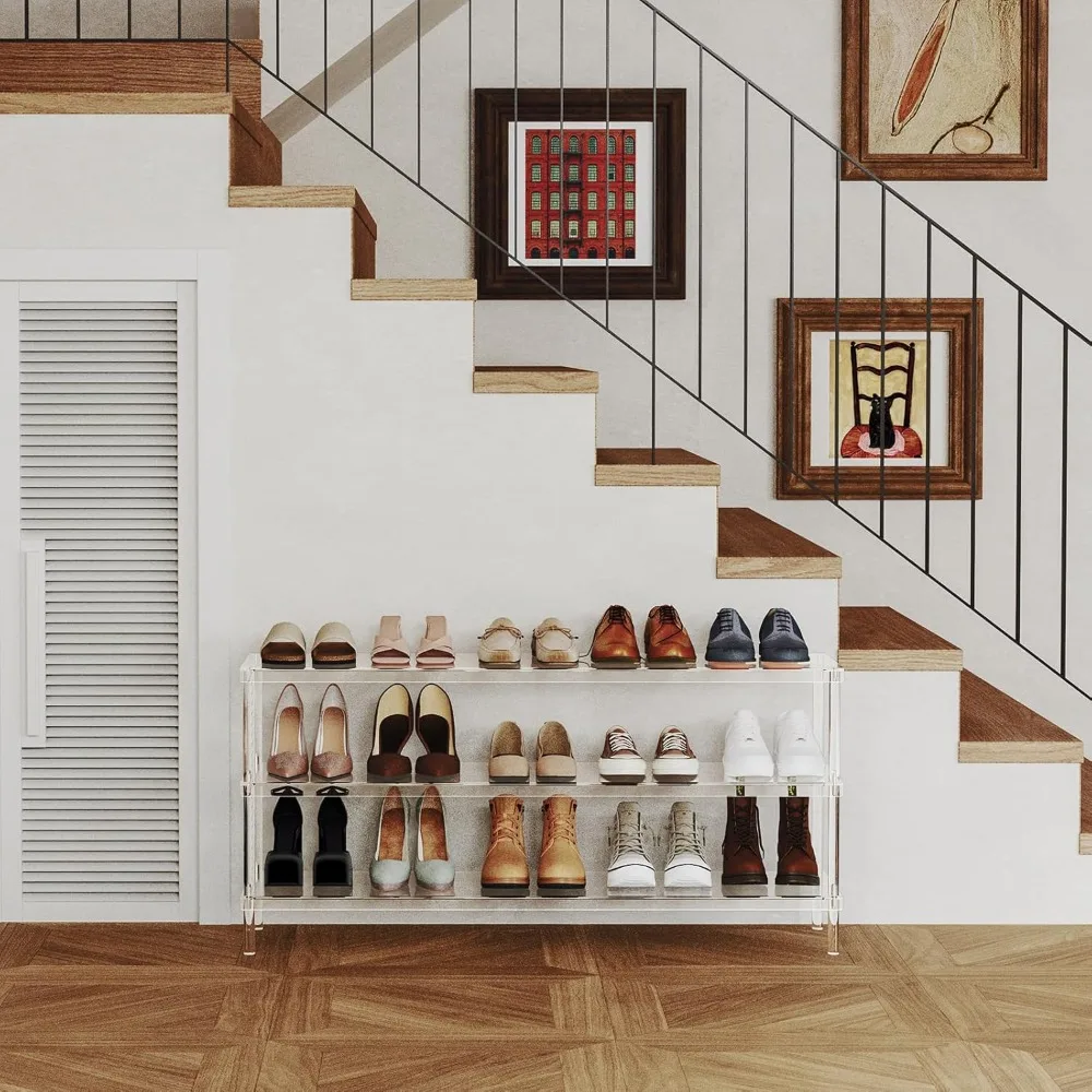 acrylic 3-tier long shoe rack - clear wide shoe rack for closet - entryway shoe storage organizer - 42.7'‘ l x 11.8'' w x 20.5'