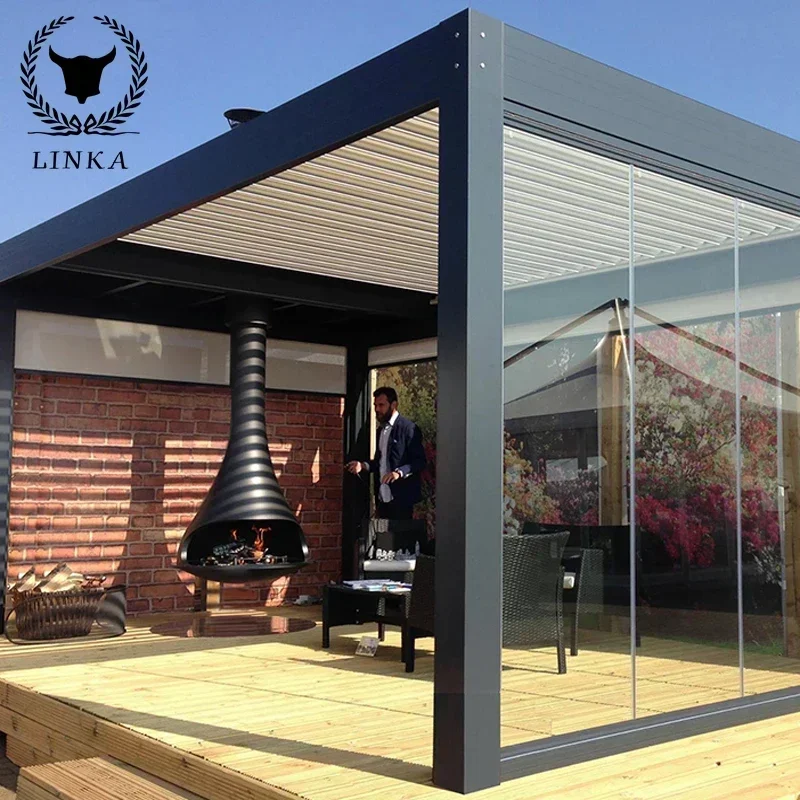 

Luxury Gazebo and Pergola Aluminium outdoor motorized Bioclimatic 3x3m 4x4m 5x6m easy install with table and chairs