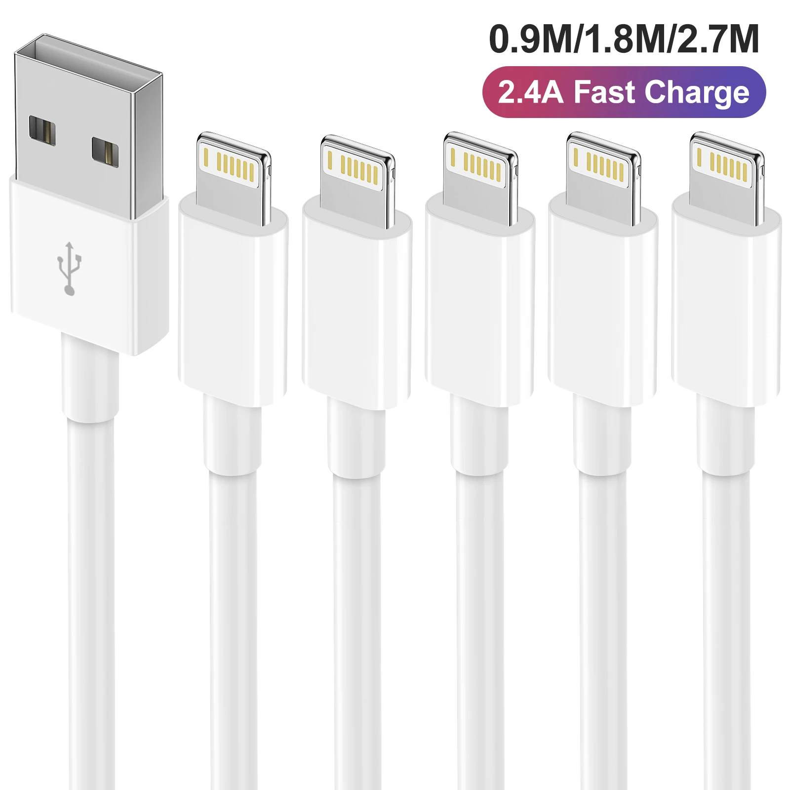 5 Pack USB to Lightning Charging Cables - Super Fast Charge, Data Transfer, Multiple Length Options